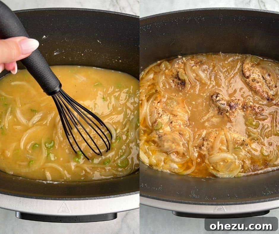 This slow cooker smothered chicken, with its creamy gravy and melt-in-your-mouth texture, is the ultimate cozy meal. And it's so easy! Process shot showing (1) how to gradually whisk chicken stock and bouillon into a roux and (2) how to nestle seared chicken into the slow cooker for smothered chicken.
