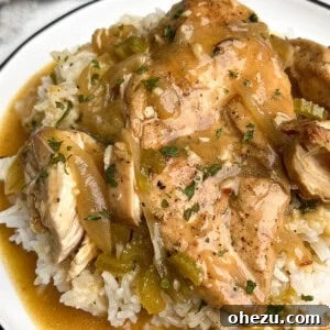 Slow Cooker Southern Smothered Chicken 2 Smothered chicken served over rice, a comforting and hearty meal.