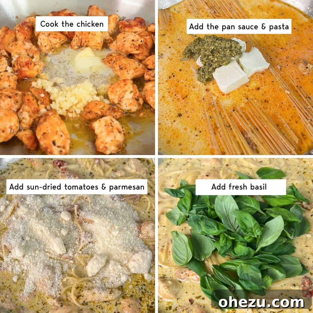 Sun Kissed Tomato Pesto Pasta 4 step by step instructions on how to make pesto sun-dried tomato pasta