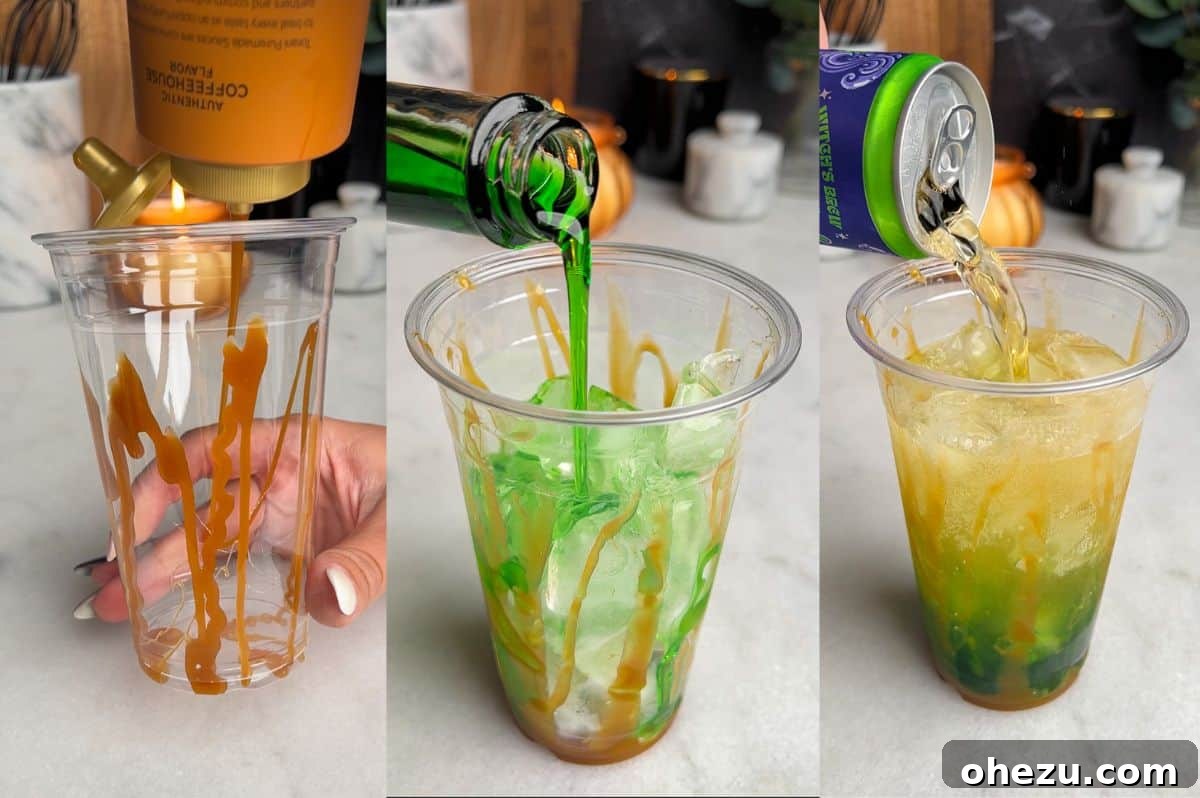 how to make dirty witches brew in the first 3 steps: decorating glass, adding ice and syrups, pouring carbonation