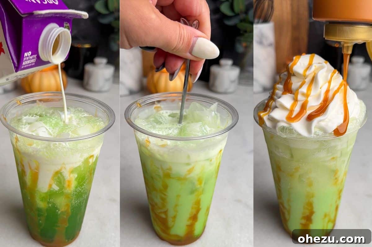 how to make dirty witches brew in the final 3 steps: adding half-and-half, mixing, topping with whipped cream and caramel