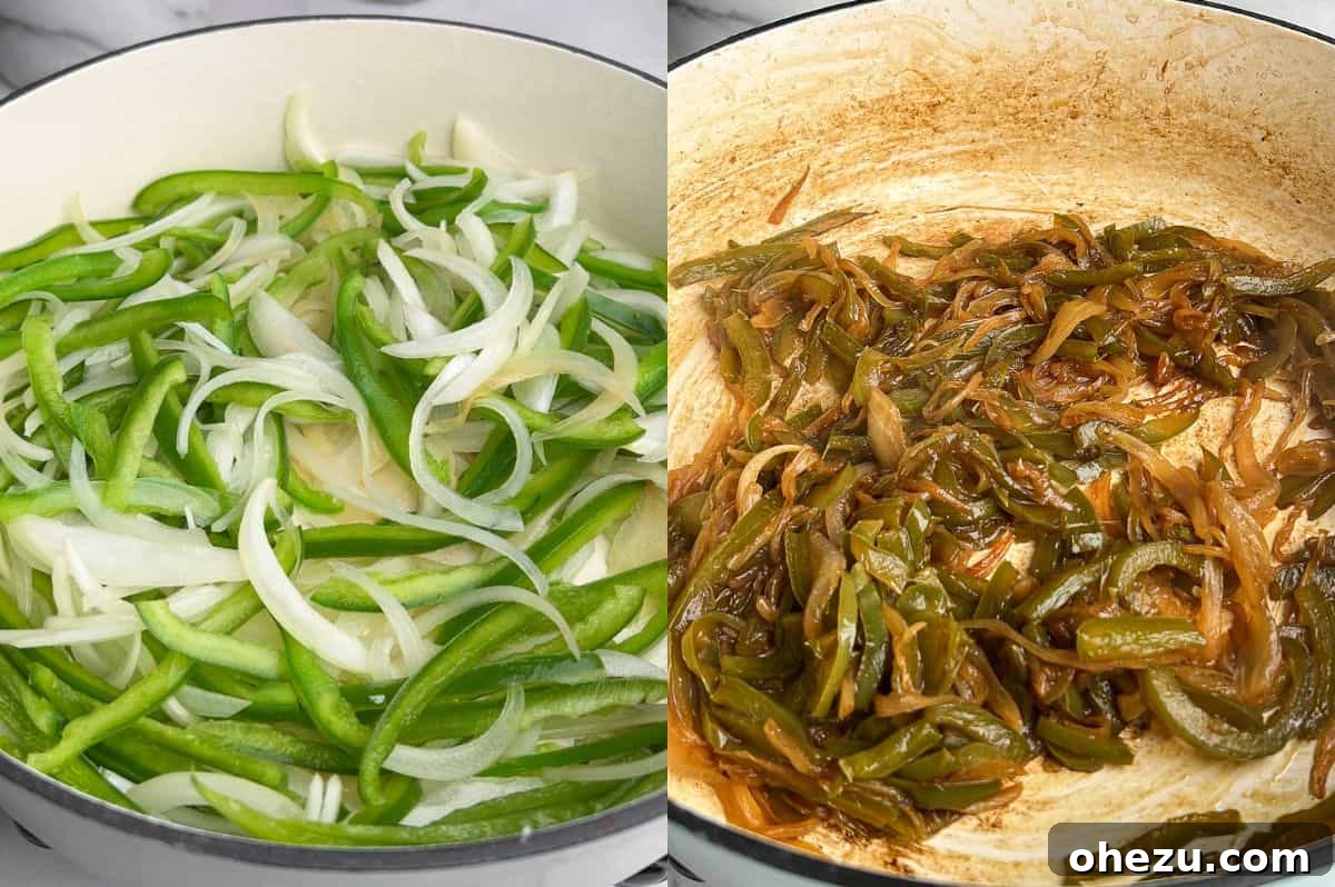 A close-up process shot showing onions and bell peppers slowly caramelizing in a large skillet, turning golden brown.
