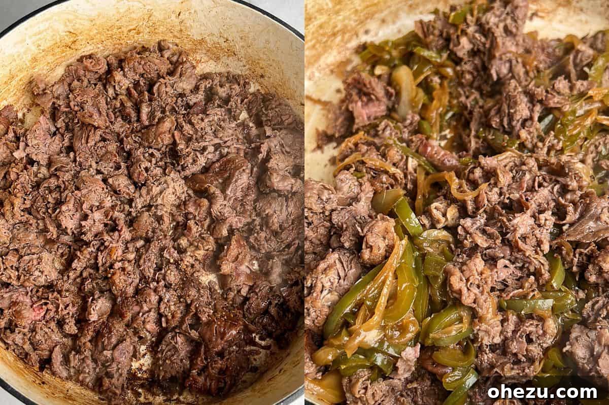 Two side-by-side images: one shows browned, shaved ribeye in a skillet, and the other depicts the same ribeye being mixed with the previously caramelized vegetables.