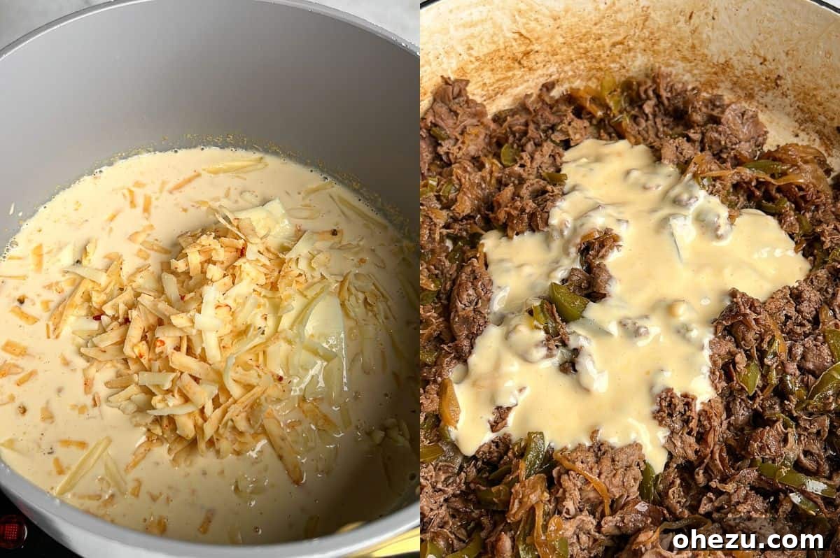 Two side-by-side images: one depicts various cheeses melting into a creamy homemade cheese whiz in a saucepan, and the other shows a spoonful of that cheese whiz being stirred into the cooked beef and vegetable mixture.