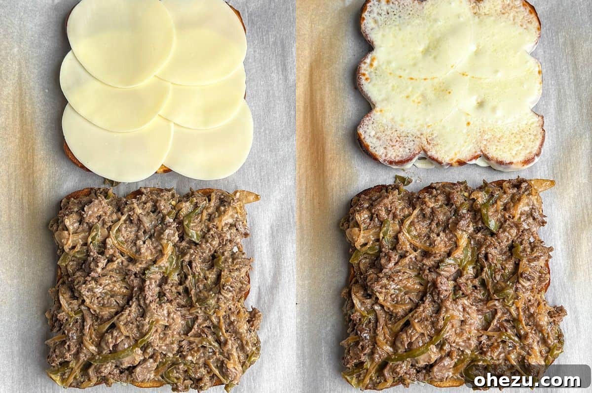 Two side-by-side images illustrating the assembly of Philly cheesesteak sliders: one shows the steak mixture divided on bottom buns with provolone on top, and the other shows the assembled sliders after being broiled.