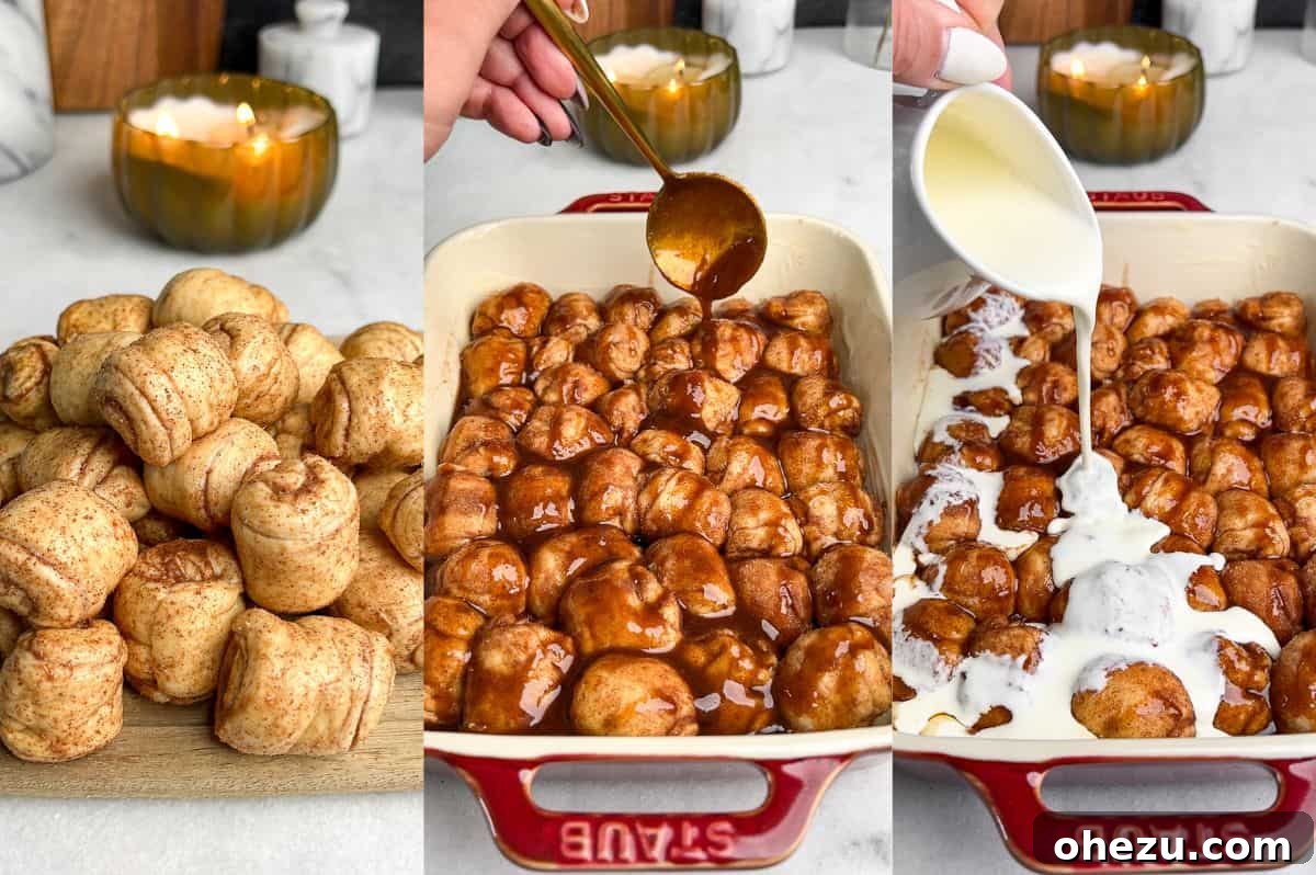 This shortcut recipe uses store-bought dough to create warm, buttery cinnamon roll bites in under an hour. You won't be able to resist! A gallery of images illustrating the assembly process of cinnamon roll bites, from arranging coated dough balls to drizzling the brown sugar filling and heavy cream.