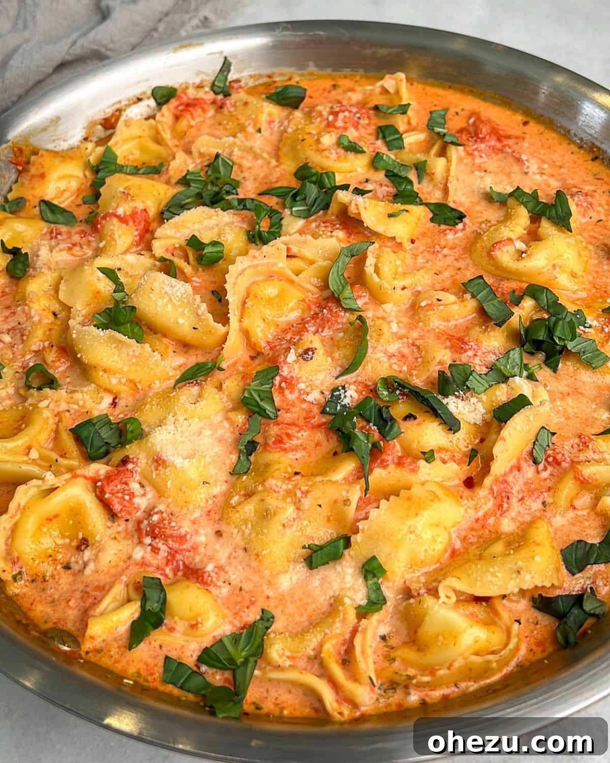 An up-close, appetizing shot of creamy tomato pasta, showing off the sauce and tortellini.