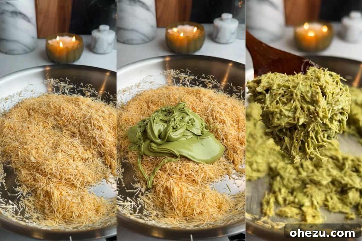 With layers of crispy kataifi, pistachio cream, and chocolate whipped cream, this Dubai chocolate cheesecake is a dream come true. Process shots showing how to perfectly toast kataifi dough and then blend it with vibrant pistachio cream.