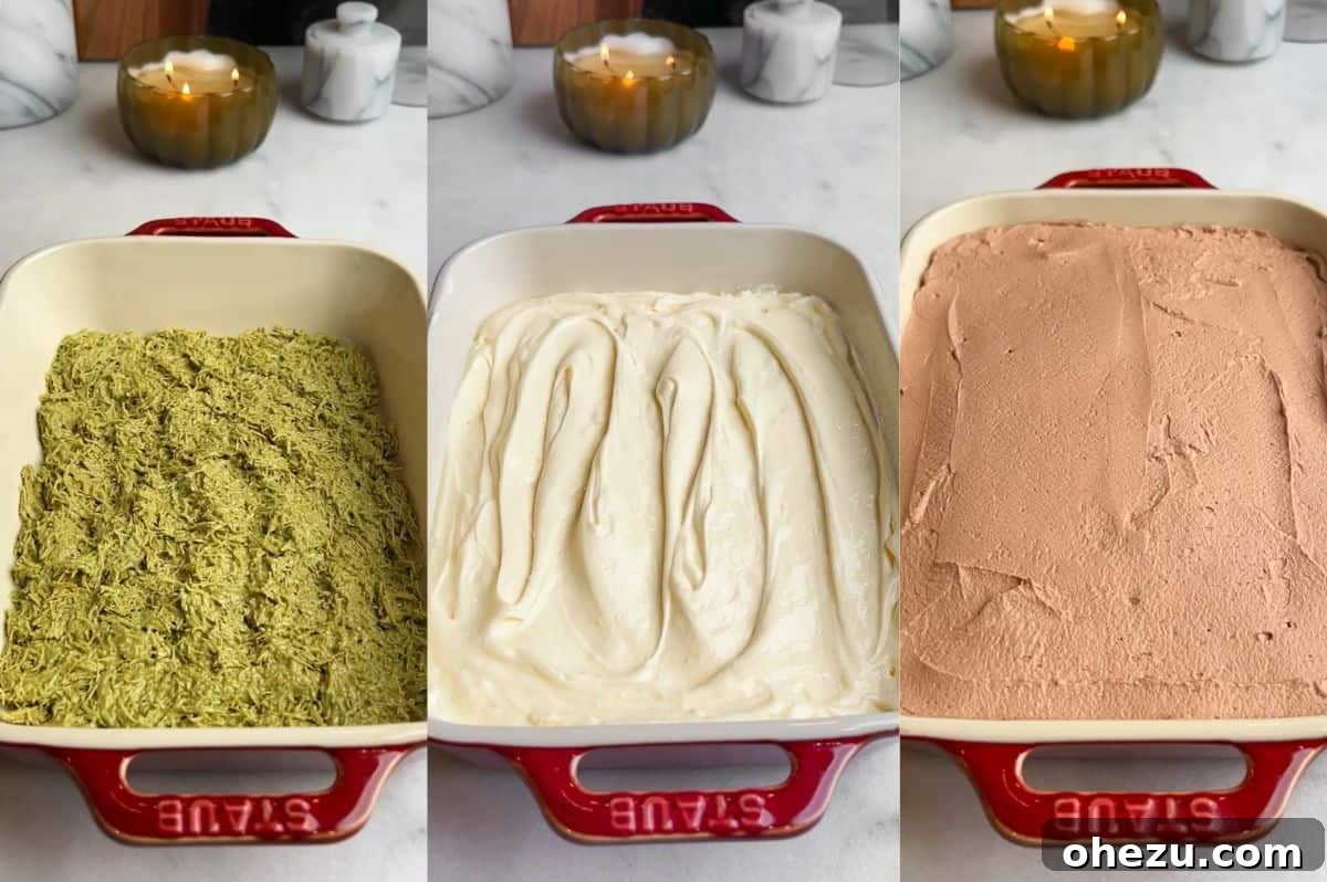 With layers of crispy kataifi, pistachio cream, and chocolate whipped cream, this Dubai chocolate cheesecake is a dream come true. Process shots demonstrating the step-by-step layering of Dubai chocolate cheesecake components in a baking dish.
