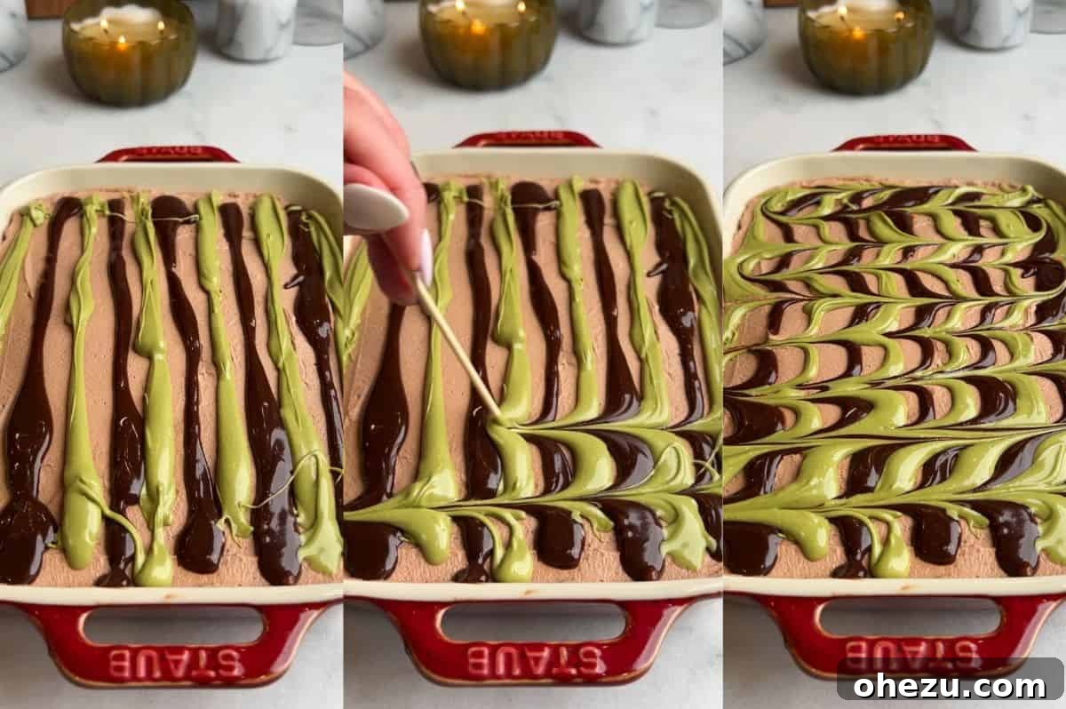 With layers of crispy kataifi, pistachio cream, and chocolate whipped cream, this Dubai chocolate cheesecake is a dream come true. Process shots illustrating how to create elegant swirls of hot fudge and pistachio cream as a topping for the Dubai chocolate cheesecake.