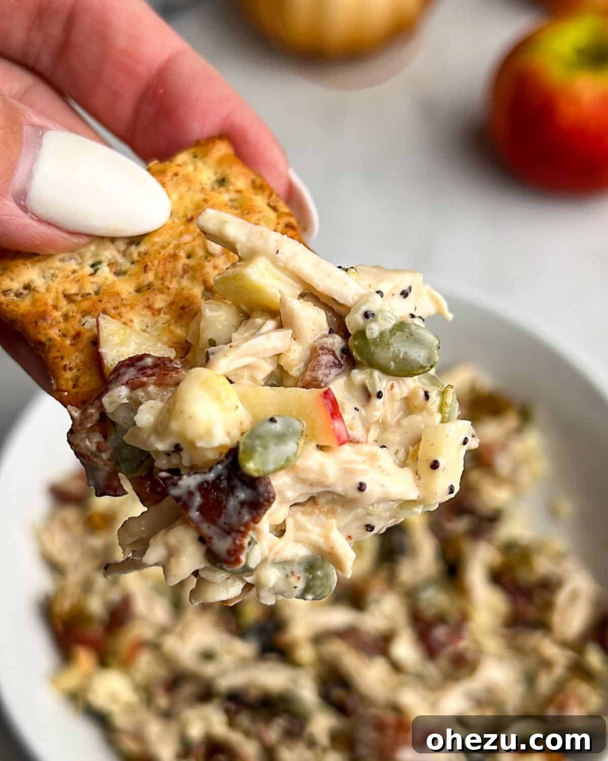 This autumn-inspired chicken salad with apples is an ideal blend of savory chicken, crisp apples, crunchy pecans, and so much more. A cracker loaded with autumn chicken salad, featuring visible pieces of apple and pecan, garnished with fresh herbs.