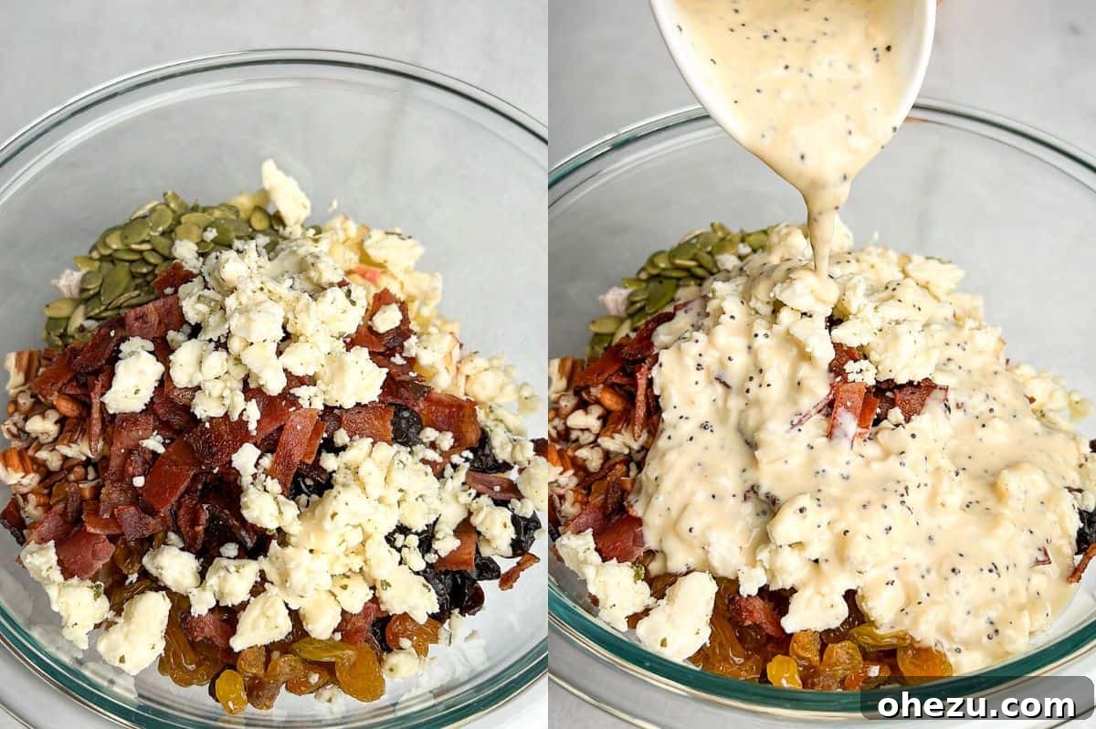 This autumn-inspired chicken salad with apples is an ideal blend of savory chicken, crisp apples, crunchy pecans, and so much more. Process shot showing how to assemble and dress autumn chicken salad ingredients in a large mixing bowl.