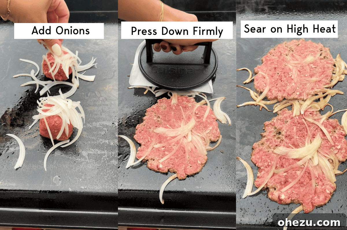 Step-by-step photos showing the process of making Smashburger Grilled Cheese on a griddle