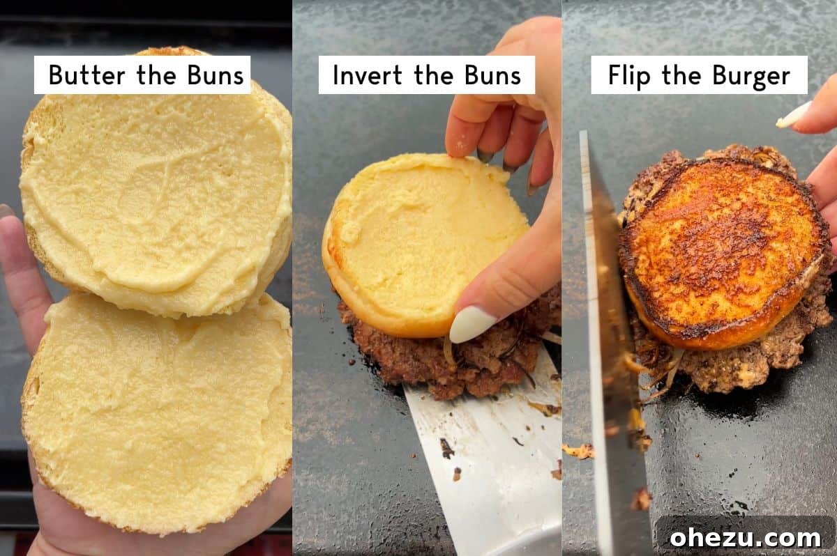 Final step of toasting the inverted bun for the Smashburger Grilled Cheese