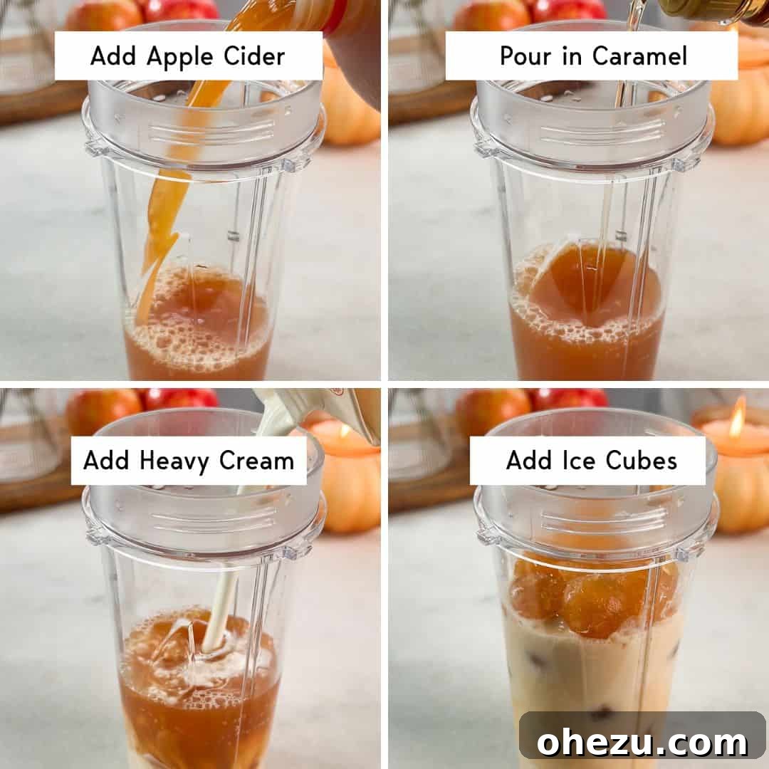 Close-up of the blending process for making whipped apple cider, showing the ingredients transforming into a smooth mixture.