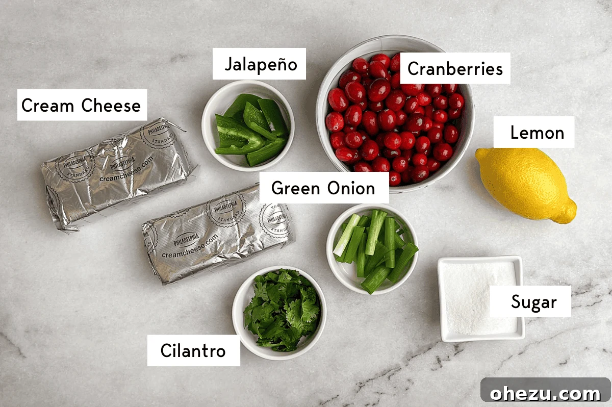 Sweet Heat Cranberry Jalapeno Dip 4 all of the measured ingredients sitting out on the counter labeled