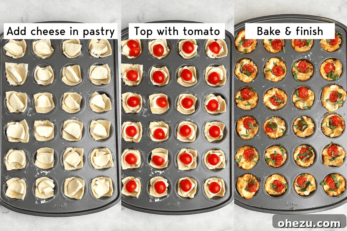 A visual progression showing three stages: puff pastry in muffin tins filled with mozzarella, then with a cherry tomato, and finally baked to golden perfection.