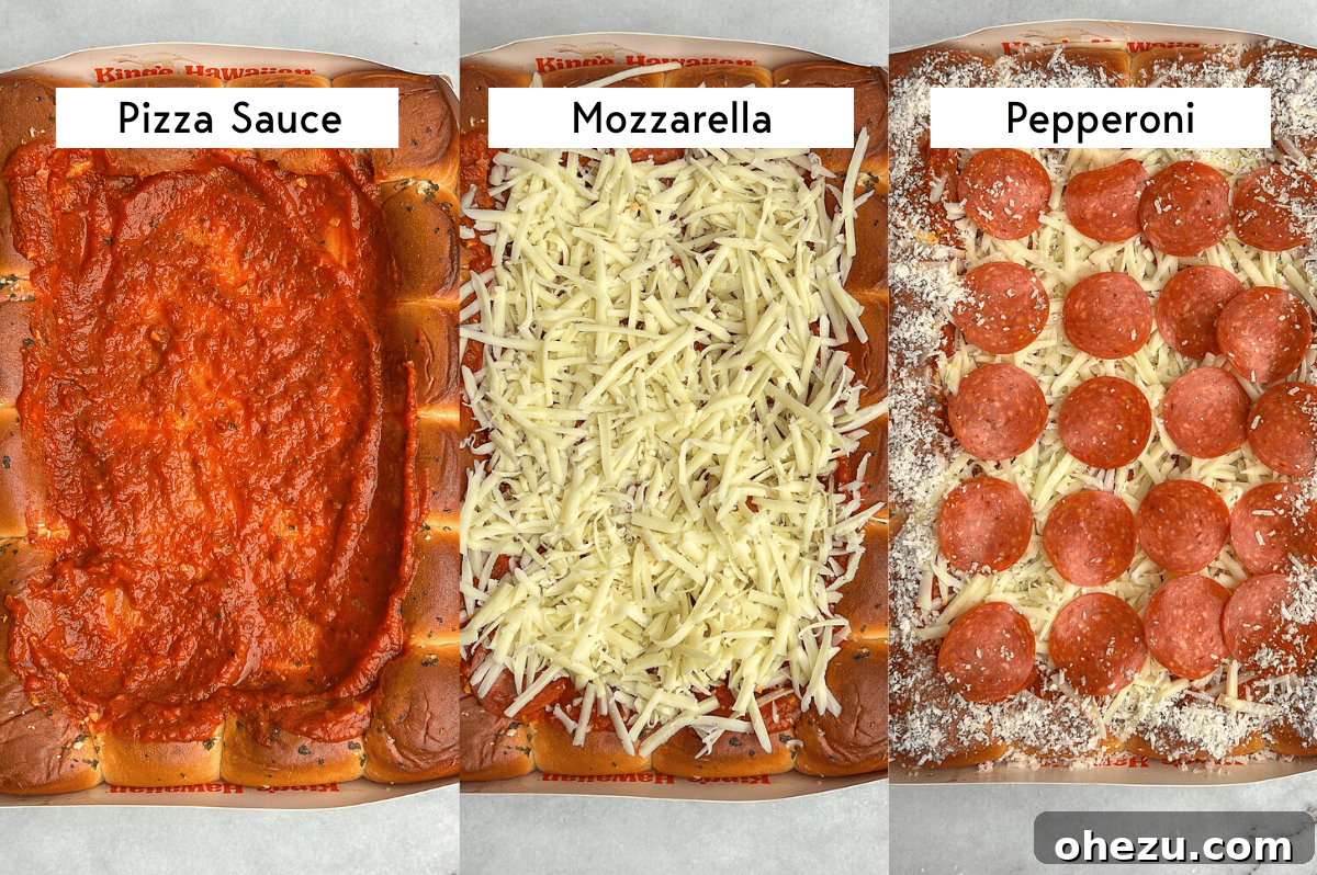 The process of assembling the Hawaiian roll pizza with sauce, mozzarella cheese, and pepperoni.