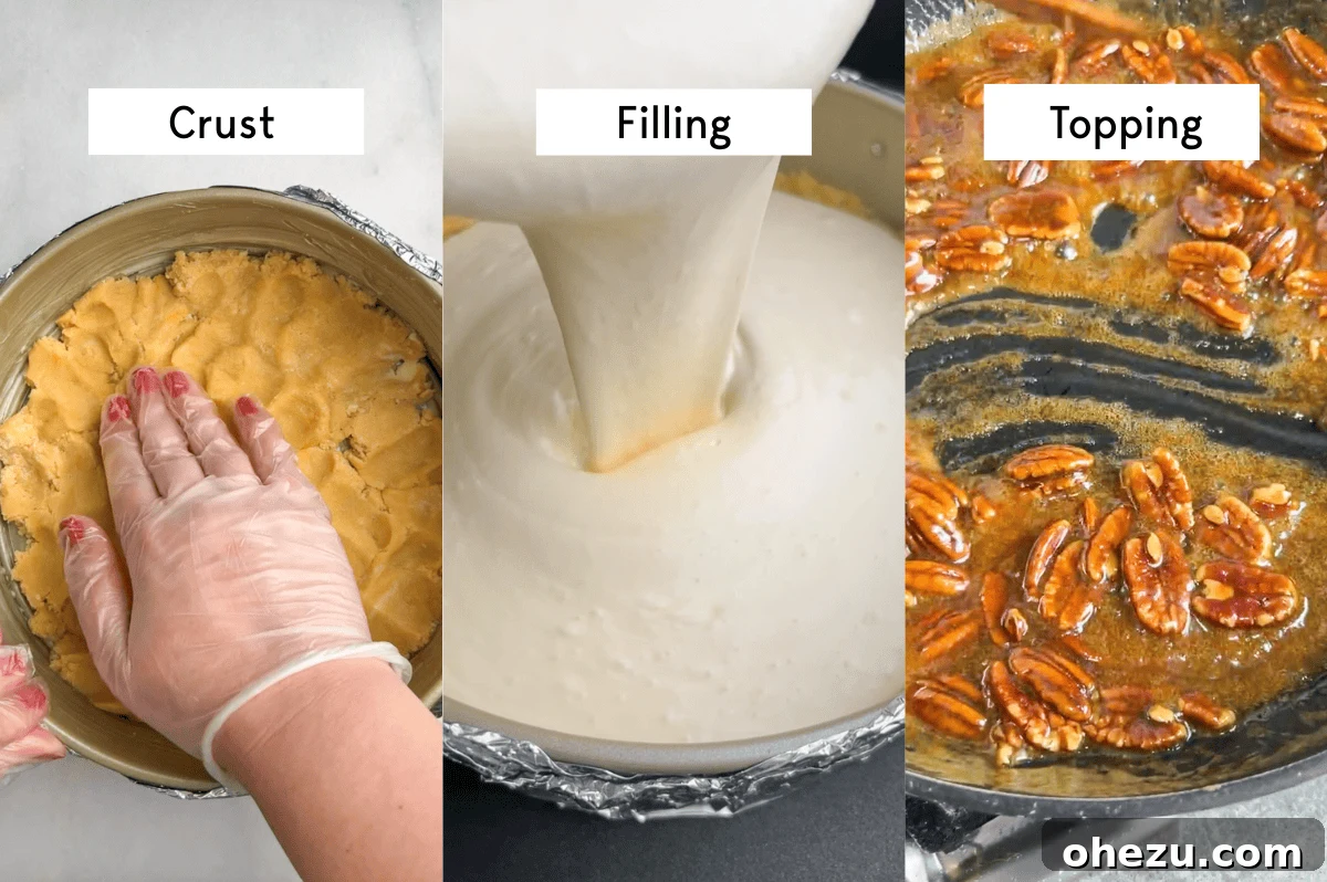 Three easy steps demonstrated for making Bourbon Pecan Cheesecake: preparing the crust, making the filling, and adding the topping.