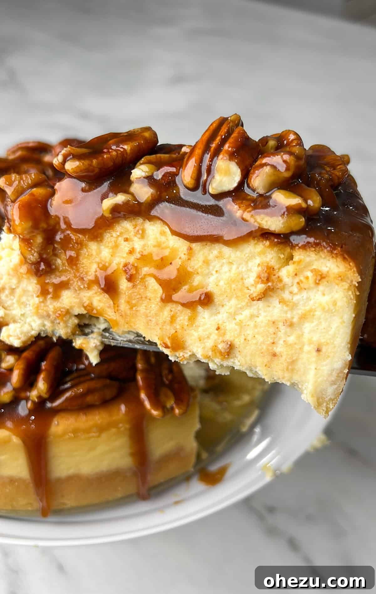 A glorious slice of Bourbon Pecan Cheesecake being lifted from a pie plate, highlighting its layers and rich topping.
