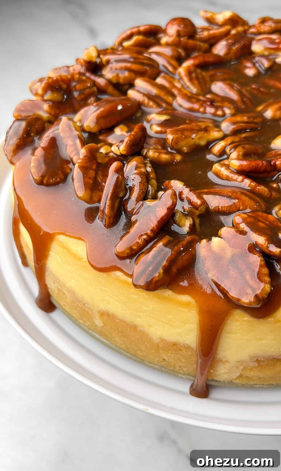 An inviting, up-close shot of a Bourbon Pecan Cheesecake with gooey caramel sauce richly dripping over its sides.