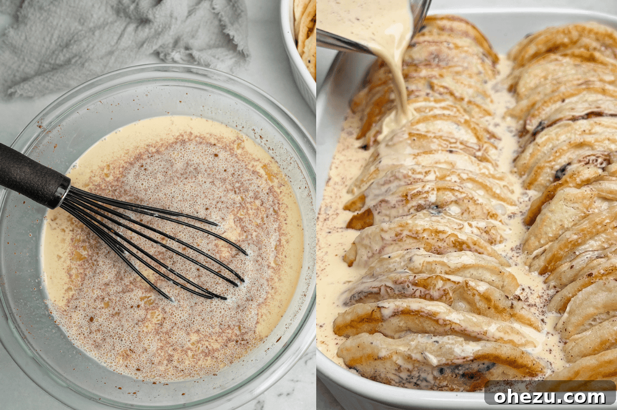 A baking dish filled with sliced pancakes, already arranged upright, with the creamy custard filling being poured evenly over them, ready for absorption.
