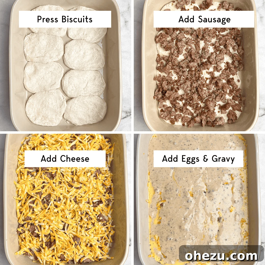 A visual guide showing the progression of making the casserole, from cooking sausage to layering ingredients and finally, the baked dish.