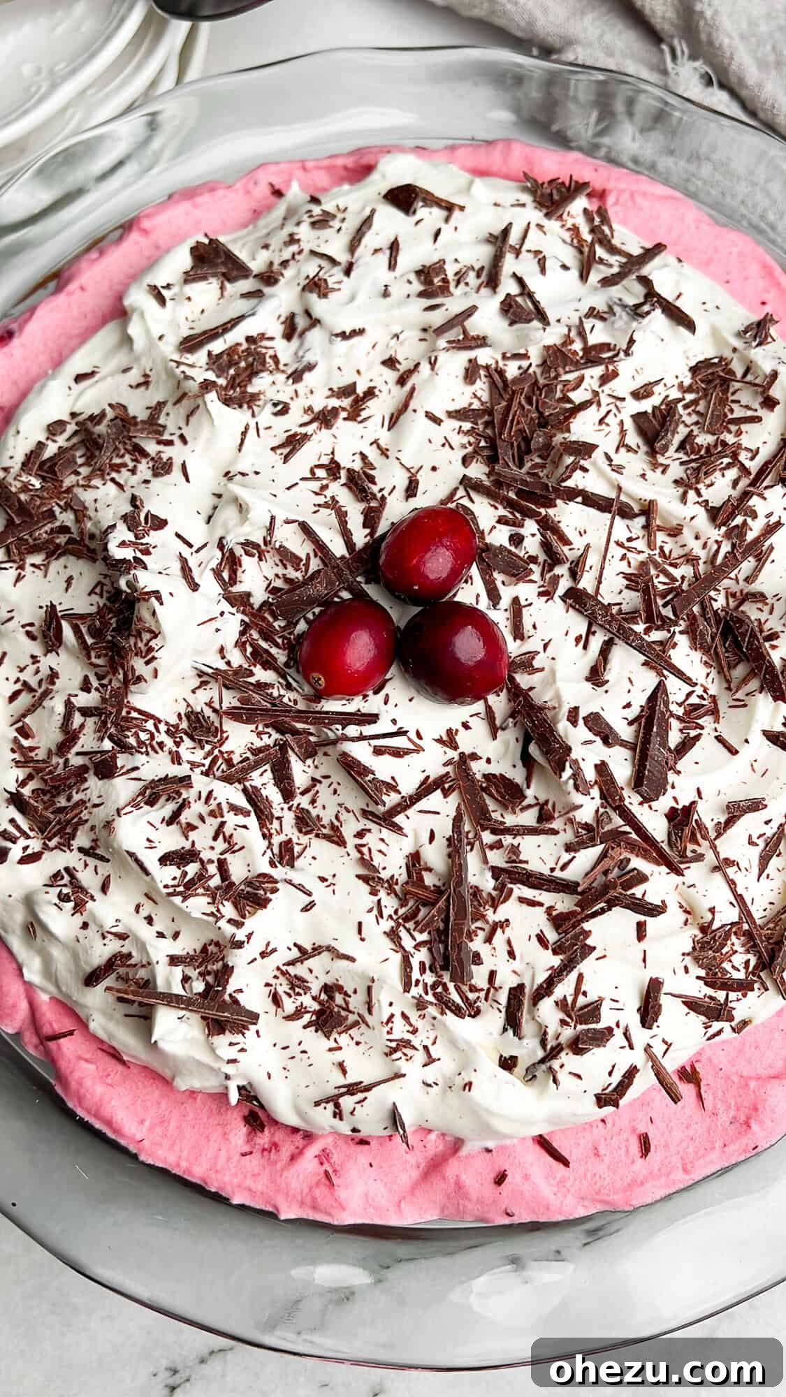 cranberry cream pie with a chocolate brownie crust and chocolate flakes
