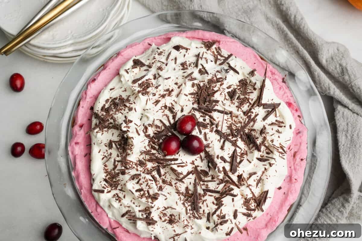 cranberry pie sitting on a table topped with whipped cream and chocolate shavings