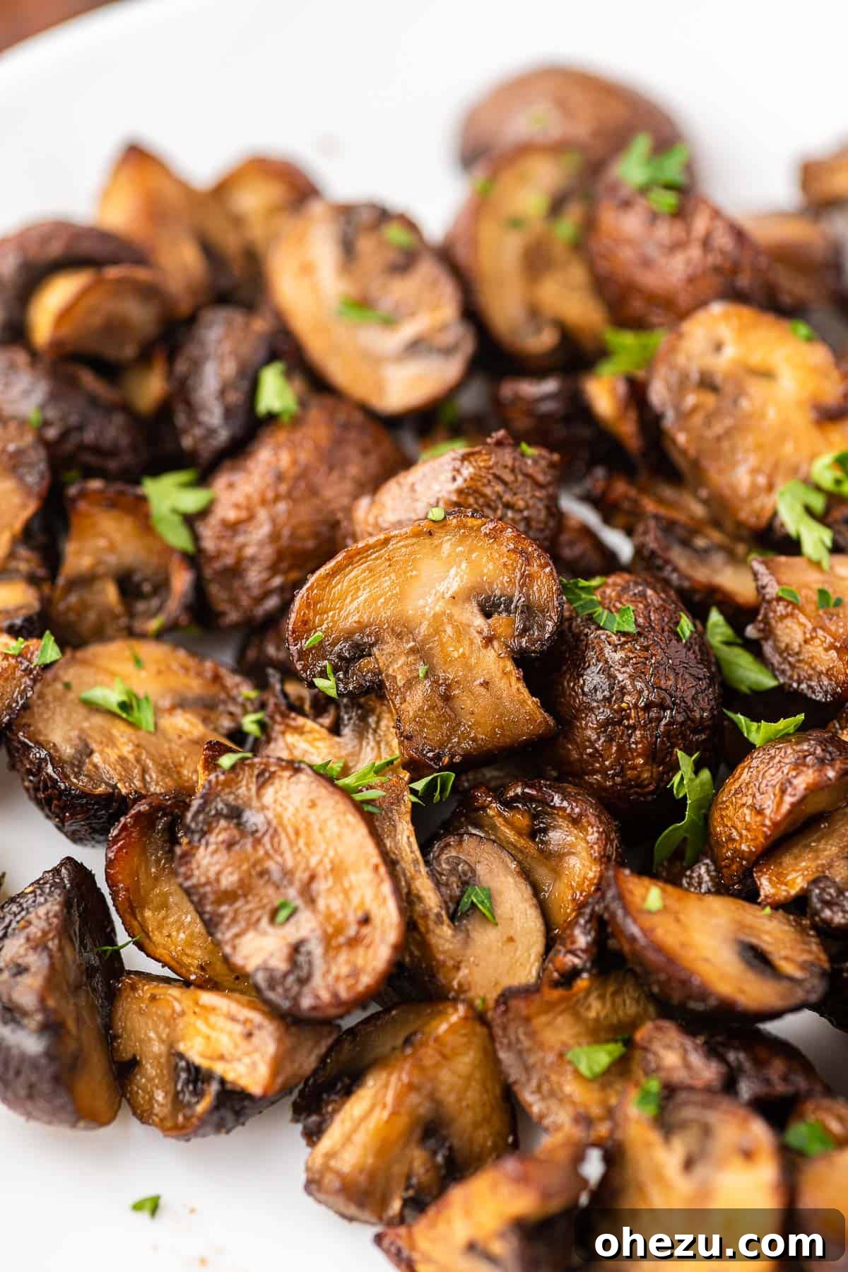 air fried mushrooms topped with fresh parsley