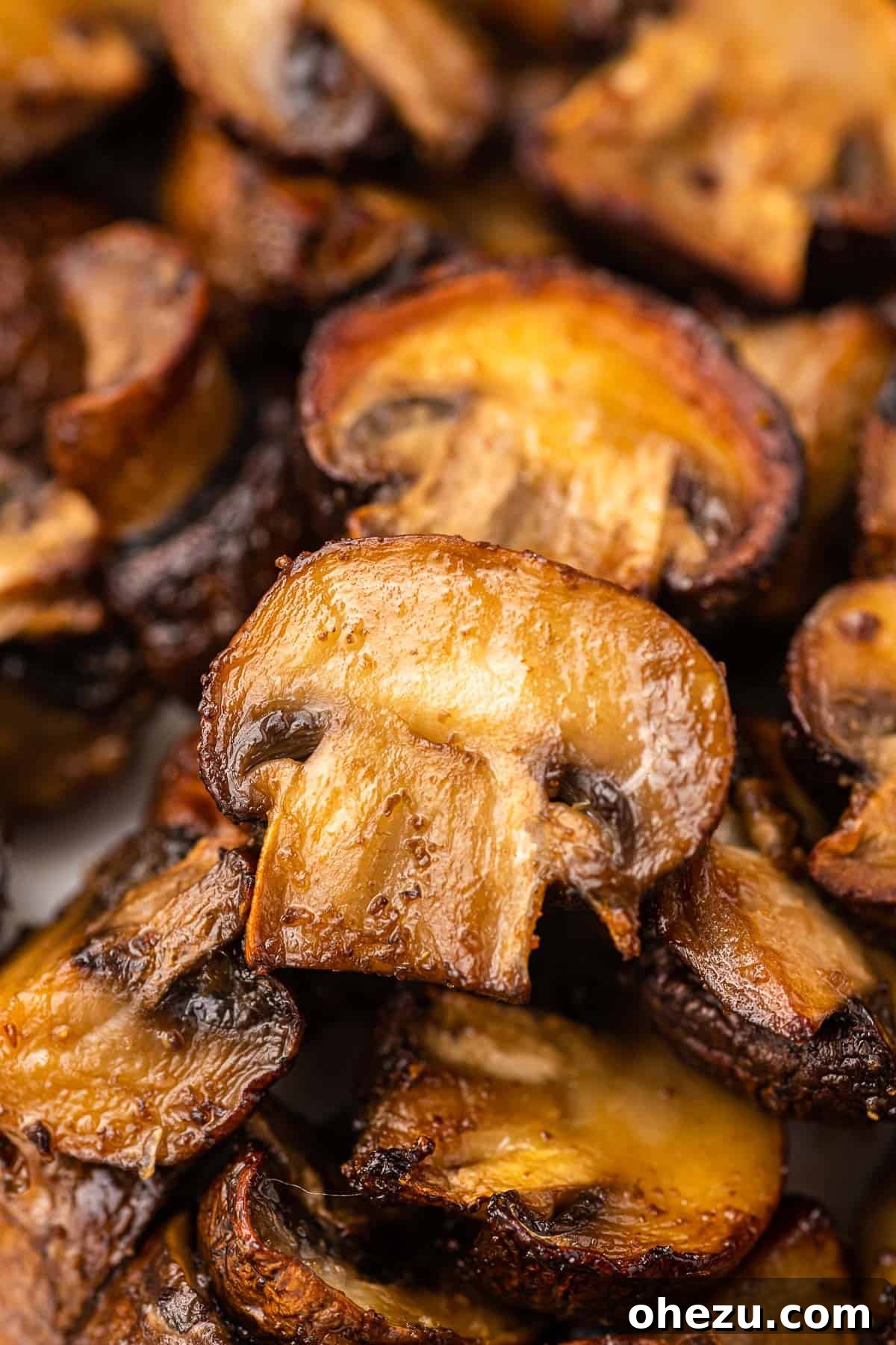 up close shot of perfectly browned mushrooms