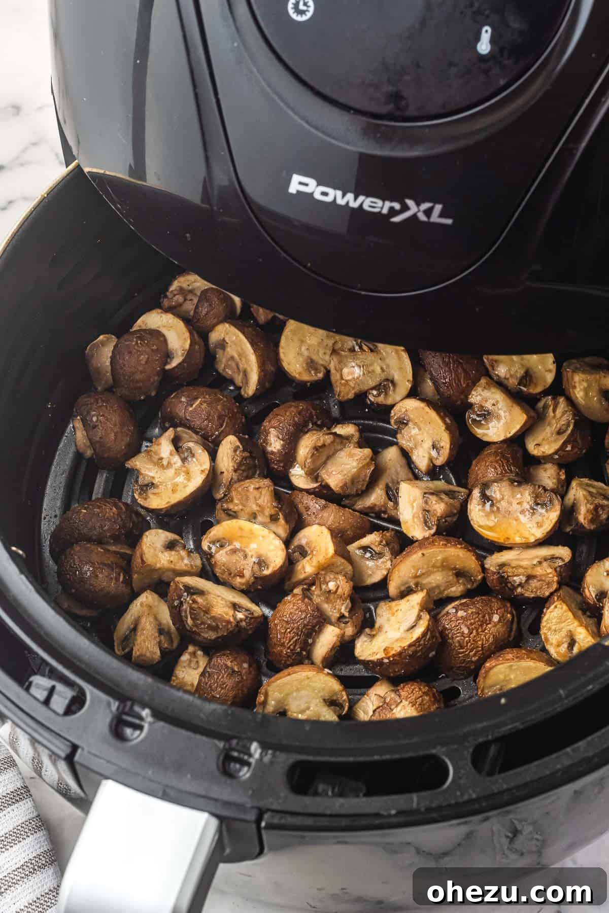 mushrooms placed neatly in a single layer in the air fryer basket