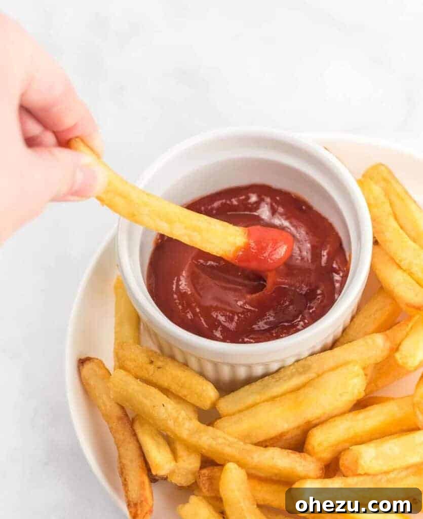Golden Crispy Air Fryer Frozen French Fries 2 A golden-brown, crispy air-fried french fry being dipped into a swirl of bright red ketchup, illustrating deliciousness and readiness to eat.