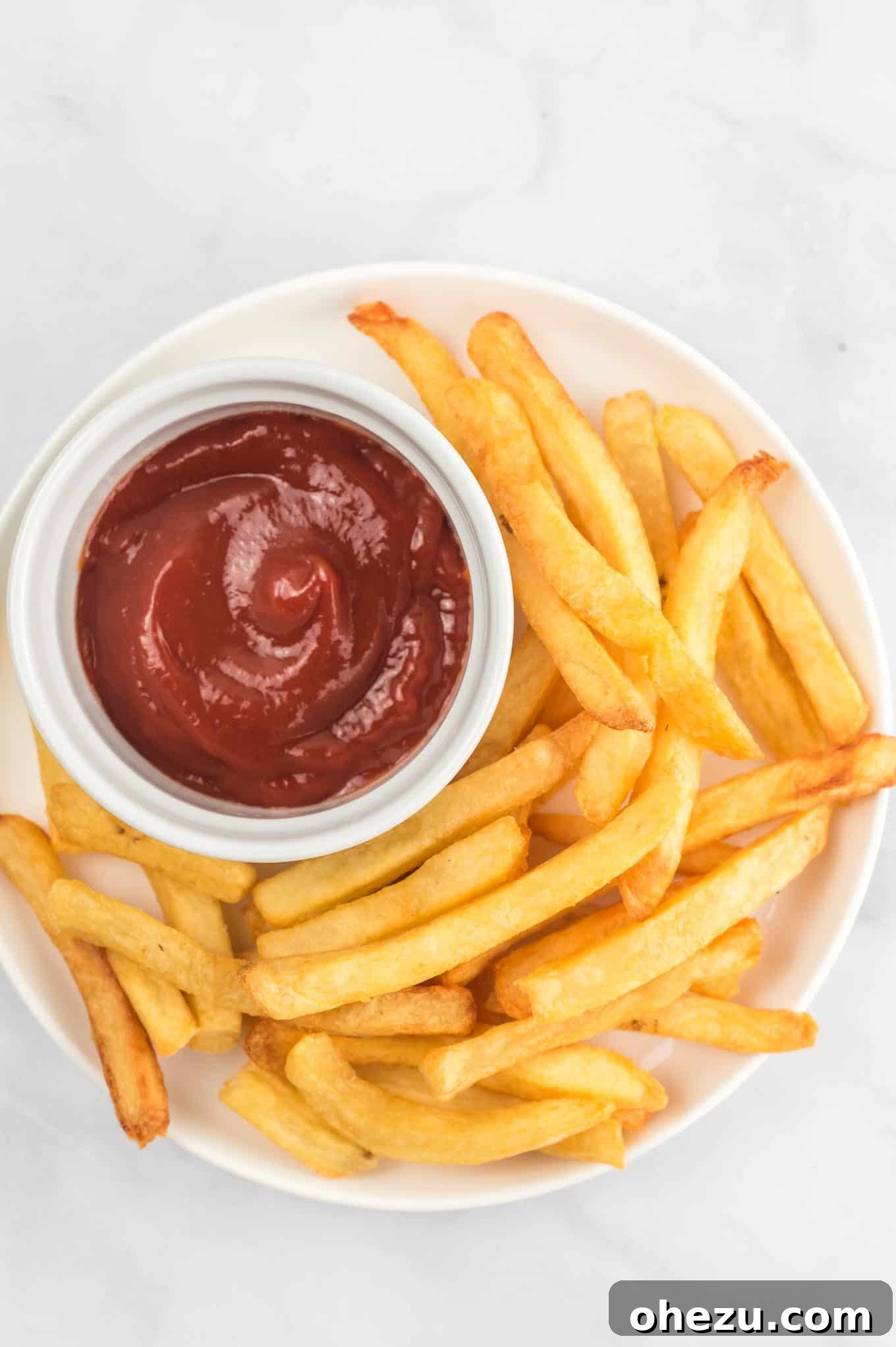 Golden Crispy Air Fryer Frozen French Fries 5 A white plate filled with perfectly crispy air fryer frozen french fries, accompanied by a small bowl of classic red ketchup for dipping.