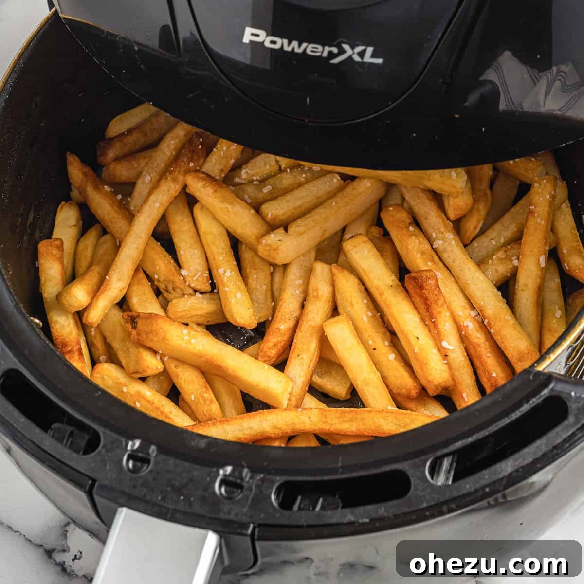 Golden Crispy Air Fryer Frozen French Fries 7 An air fryer basket filled with a generous serving of golden, perfectly crispy french fries, freshly cooked and ready to be enjoyed.