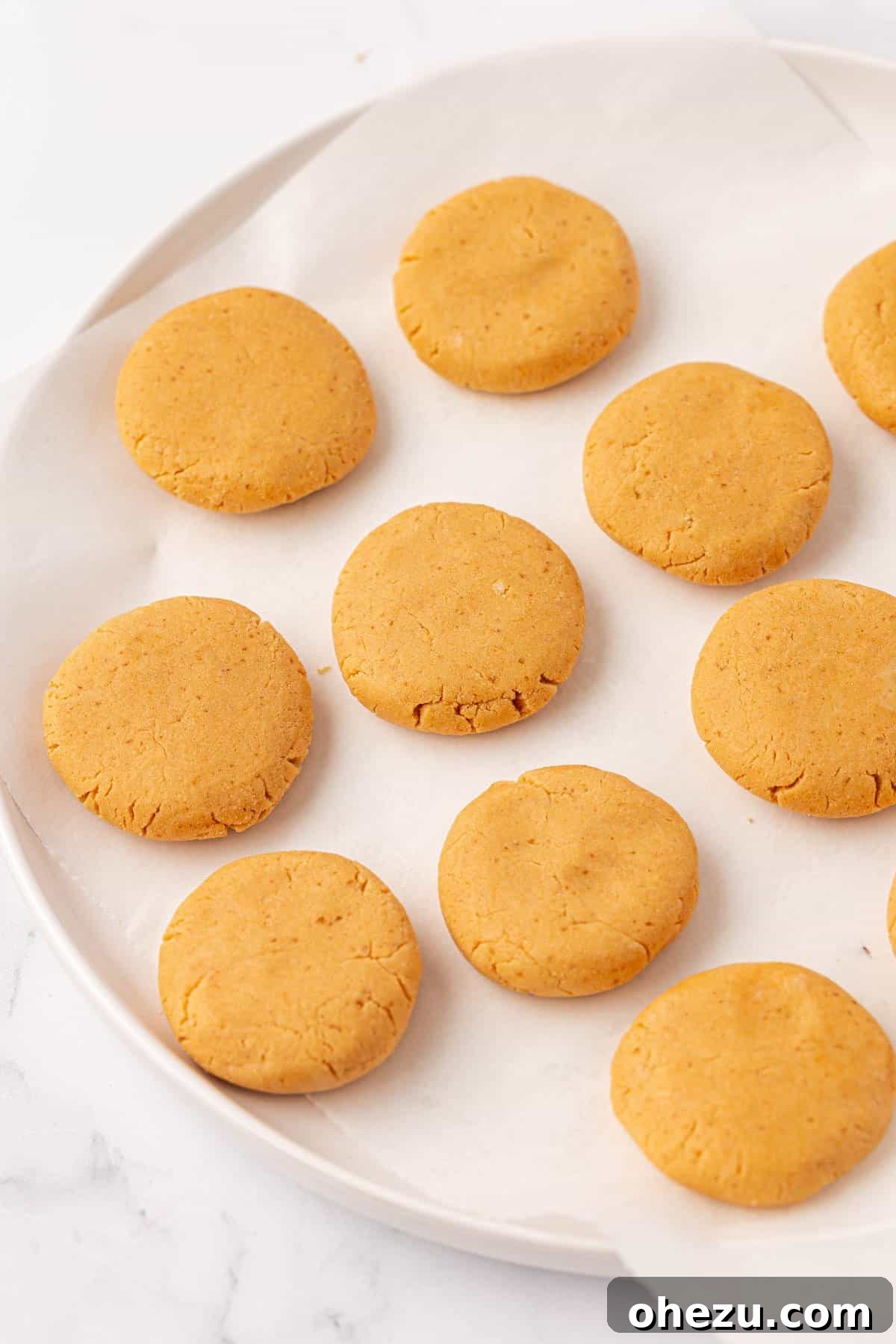 Peanut butter filling shaped into perfect discs