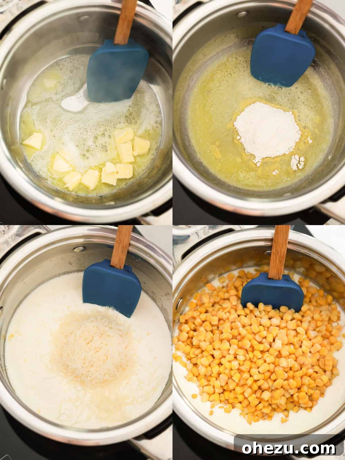 Collage image showing the process of making creamed corn: butter melting in a saucepan, flour added to make a roux, and then the creamy ingredients being stirred in.
