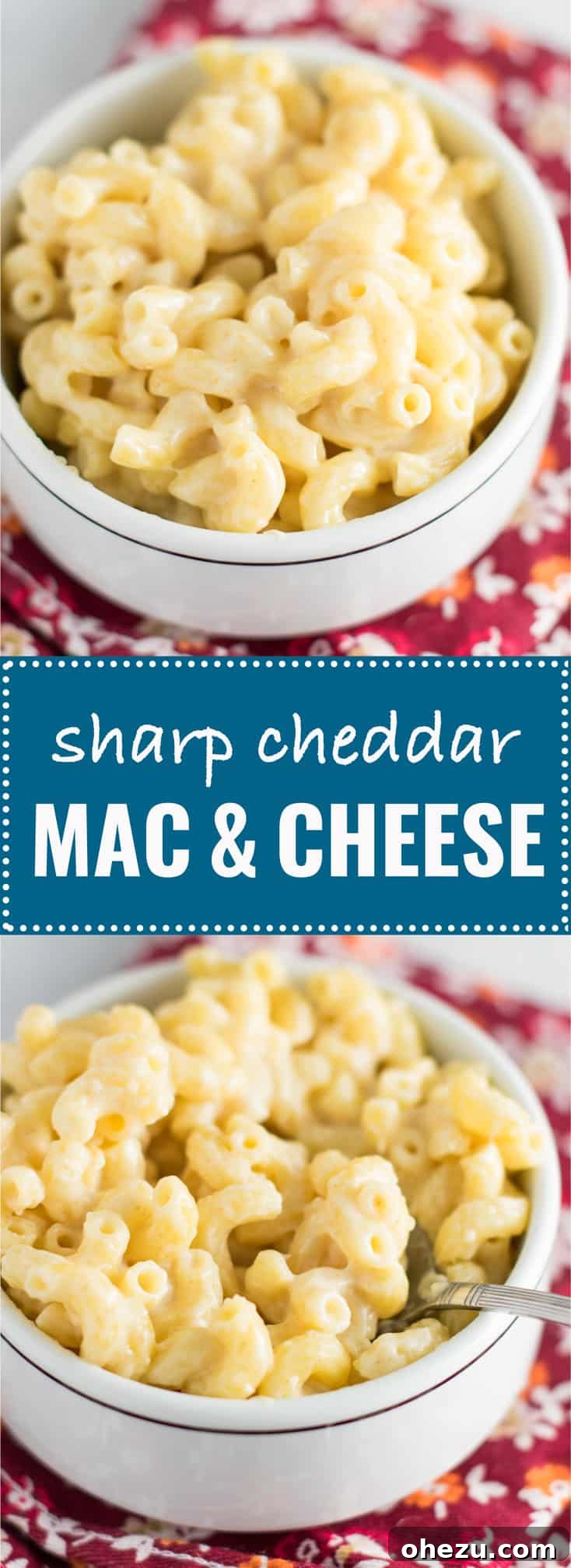 Overhead shot of a bowl of sharp cheddar mac and cheese with a fork, ready for the first bite