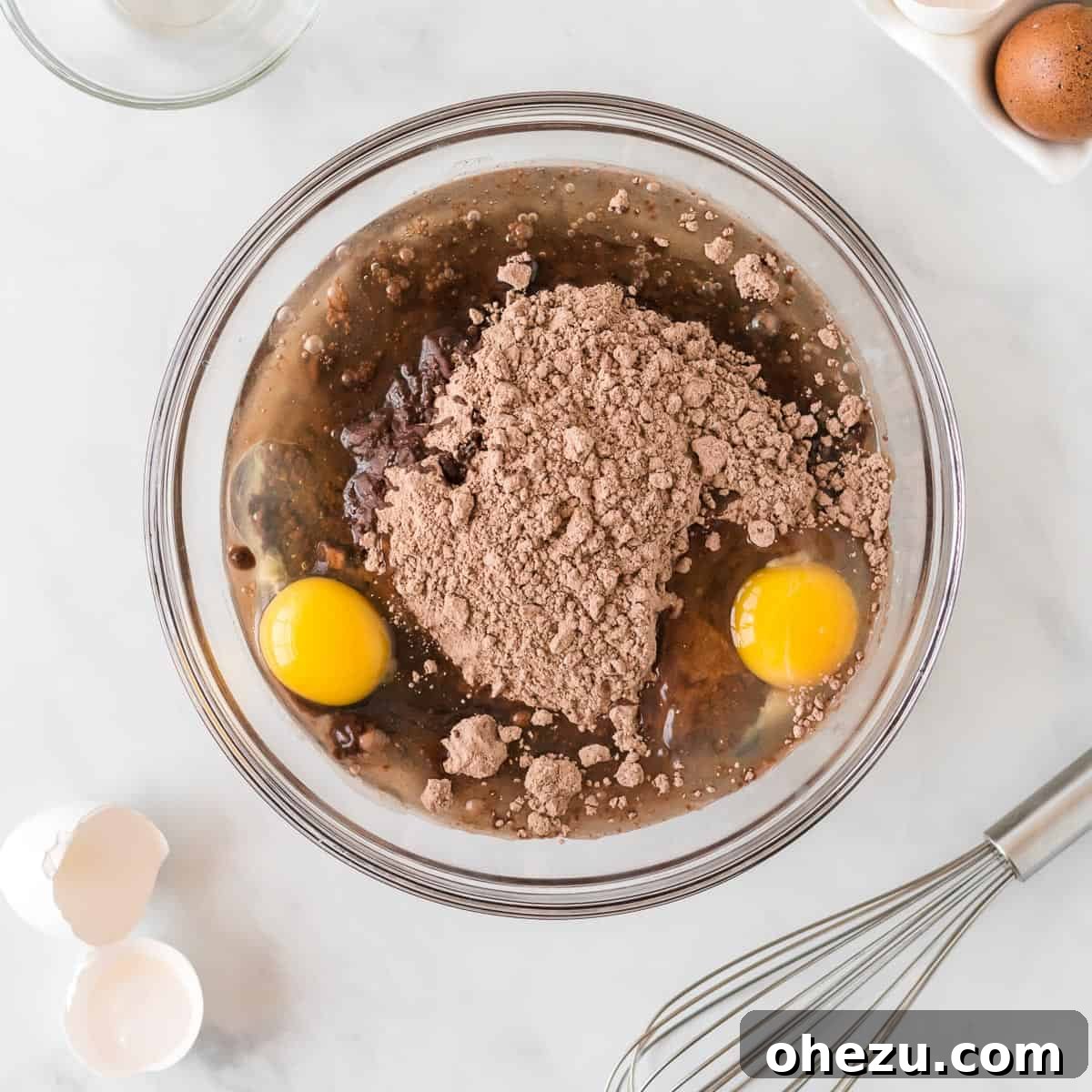 cake mix, oil, and eggs in a bowl