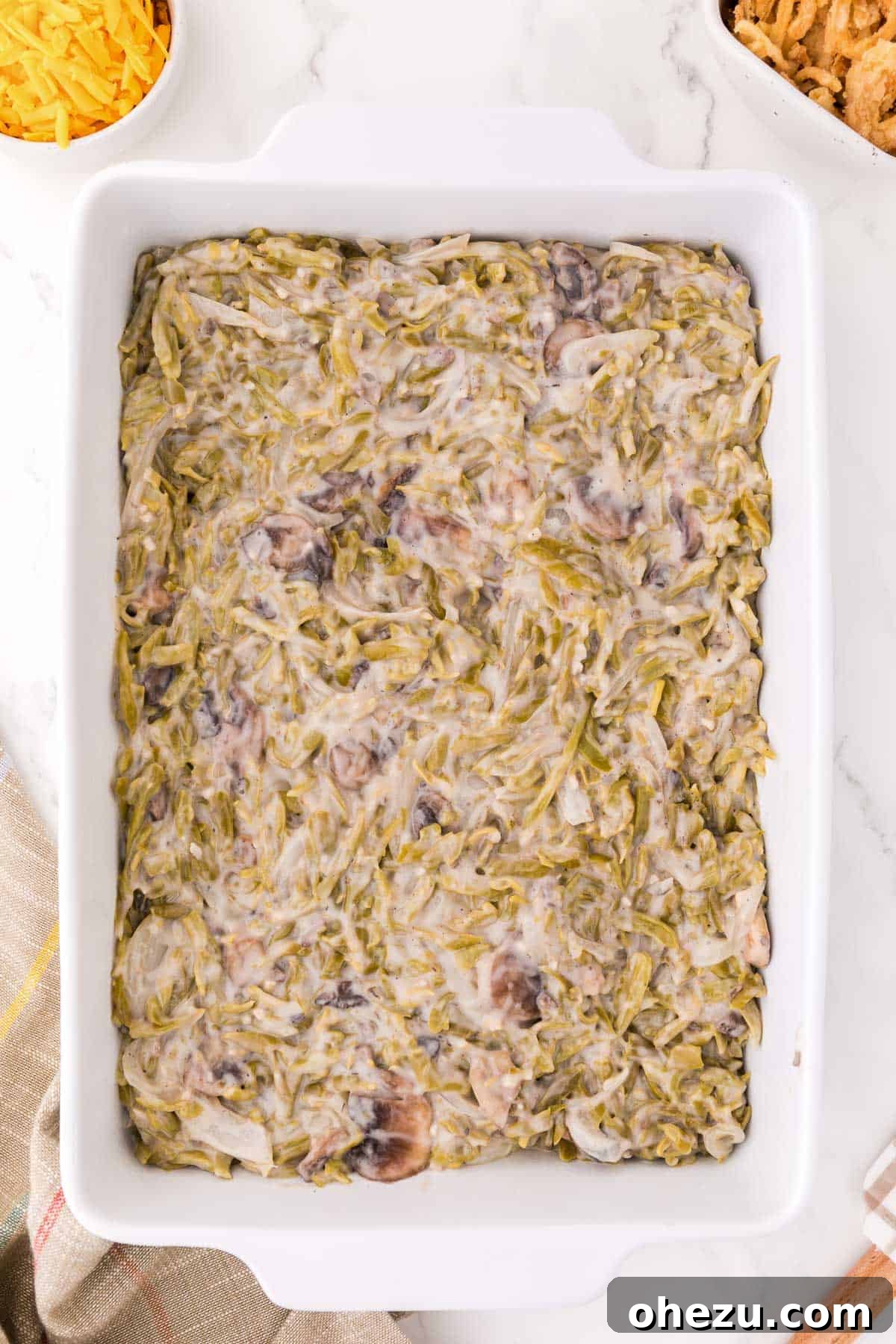 Holiday Green Bean Bake 7 green bean mushroom mixture in the casserole dish