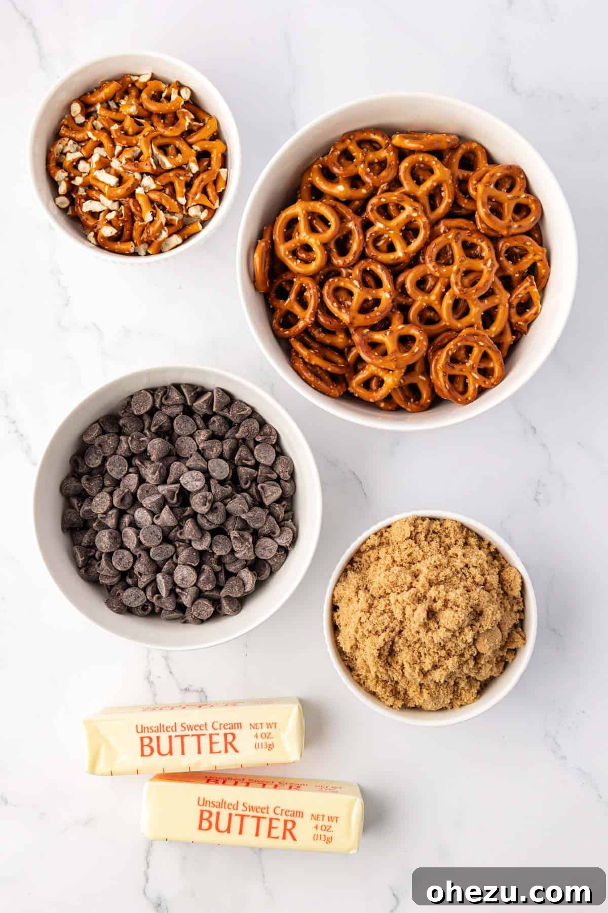 chocolate chips, pretzels, brown sugar, and butter