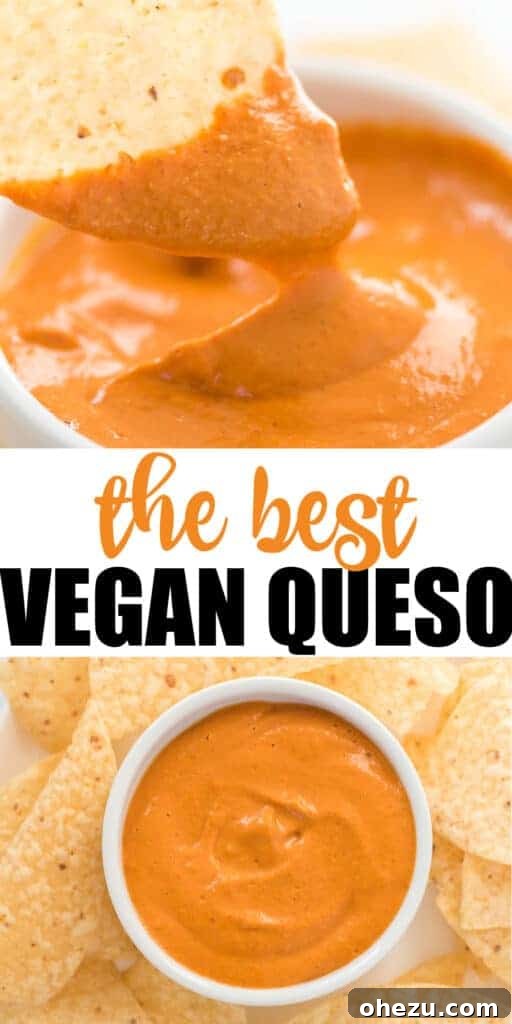 Image overlayed with text "The Best Vegan Queso", featuring a bowl of the dip and chips