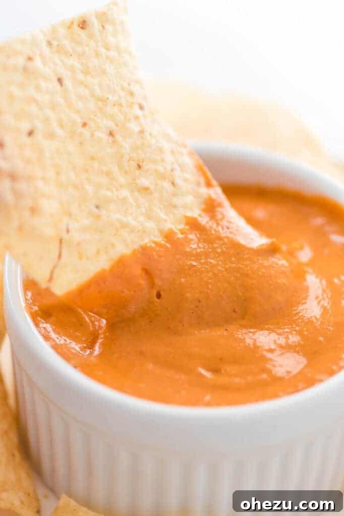A close-up of a chip being pulled out of the creamy vegan queso dip