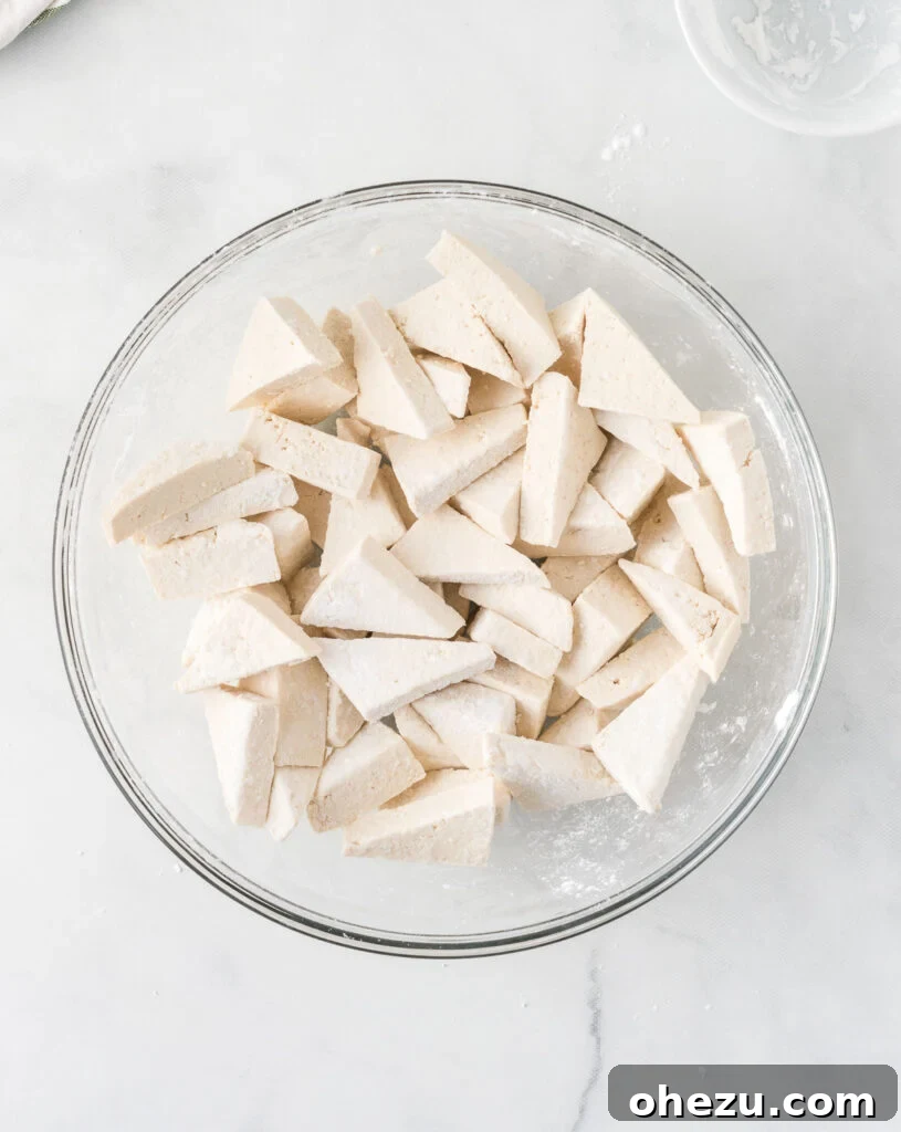 tofu triangles tossed with corn starch