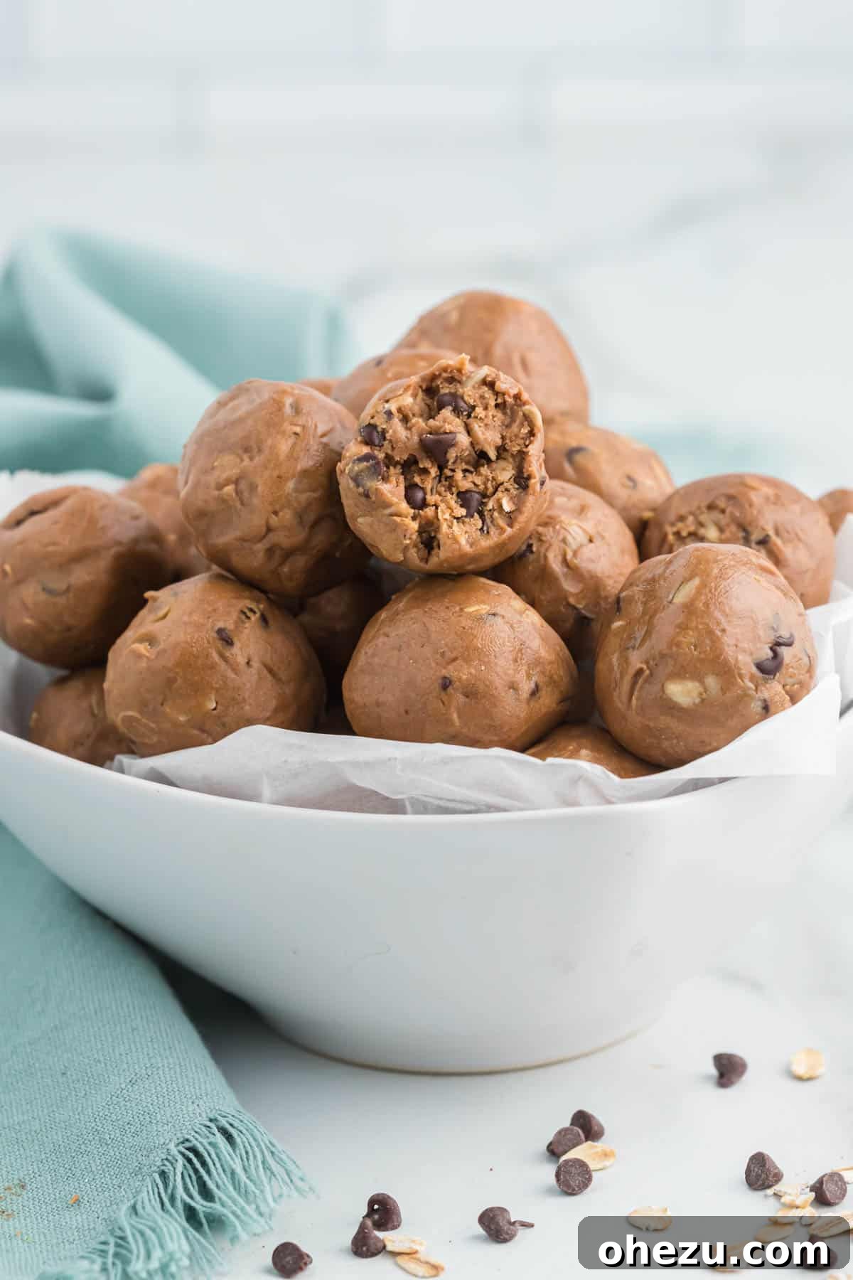 chocolate protein balls in a bowl