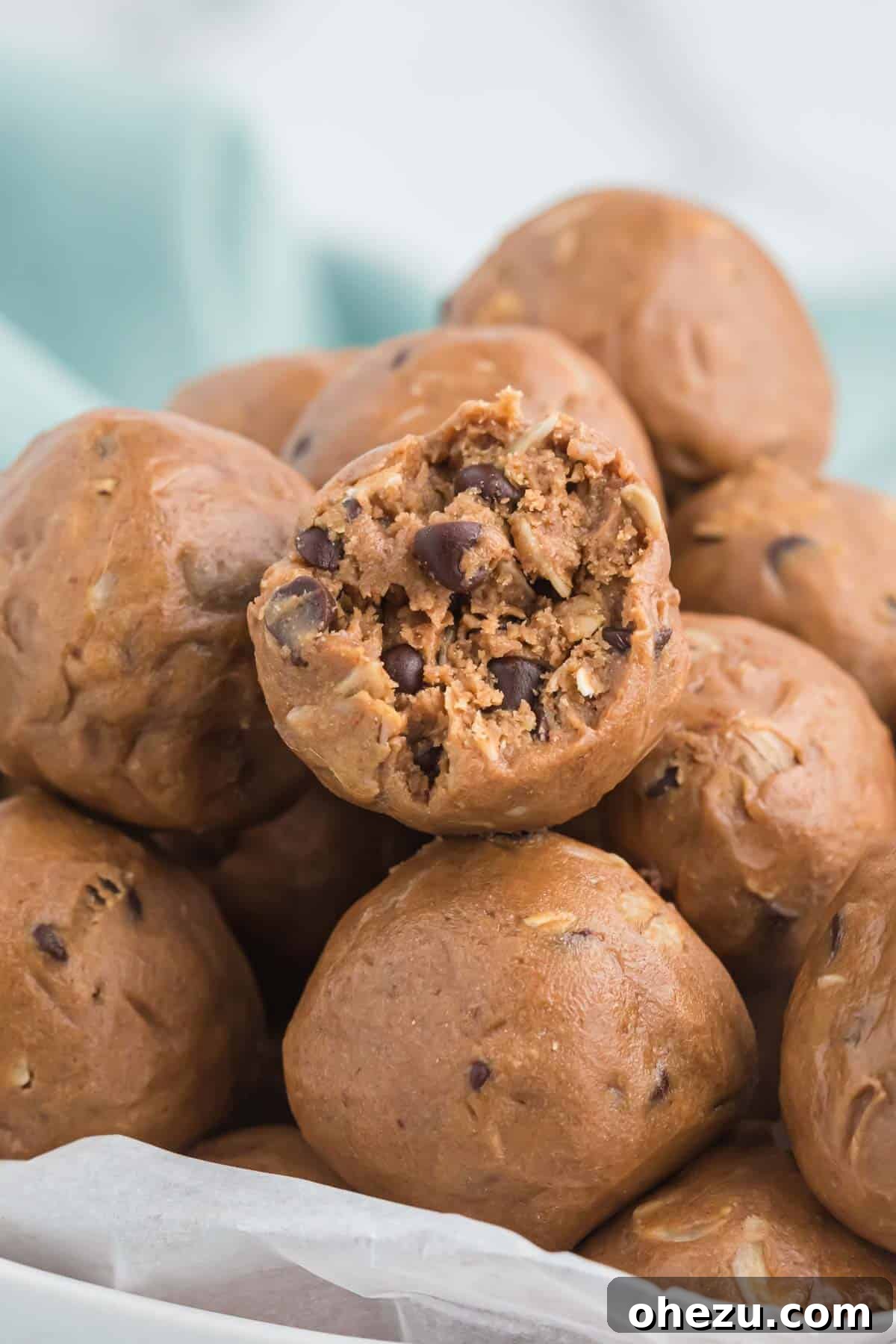 chocolate protein balls in a bowl