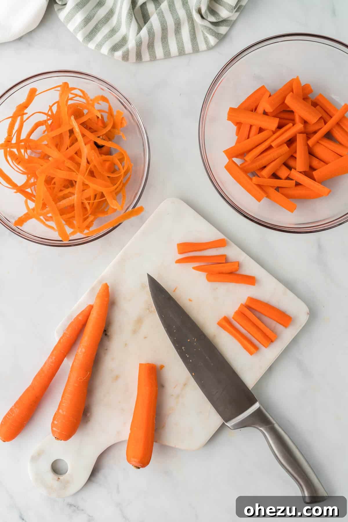 The Ultimate Roasted Carrots 4 Fresh carrots being skillfully cut into uniform, diagonal pieces on a rustic wooden cutting board, ready for the roasting pan.
