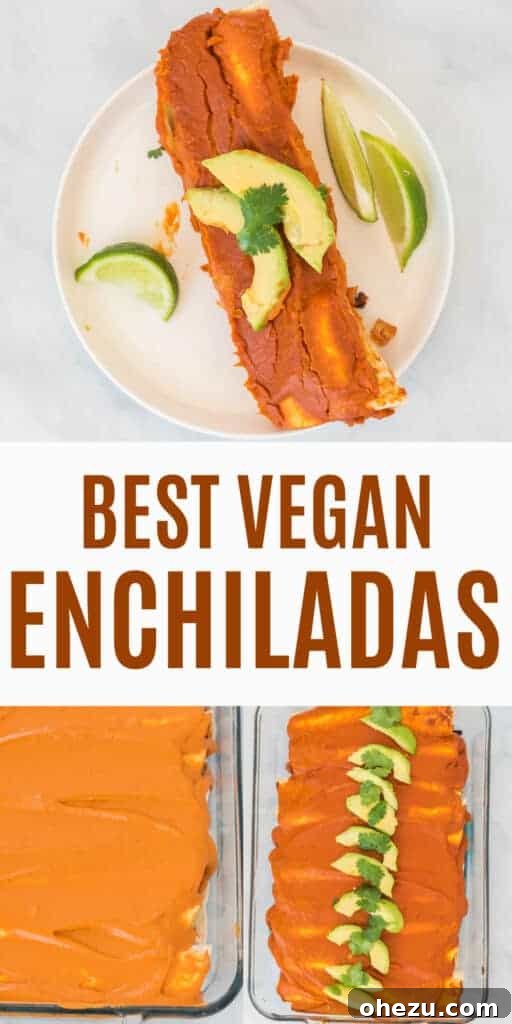 Promotional image with the text "Best Vegan Enchiladas" overlaid on a delicious photo of the dish, enticing viewers to try the recipe.