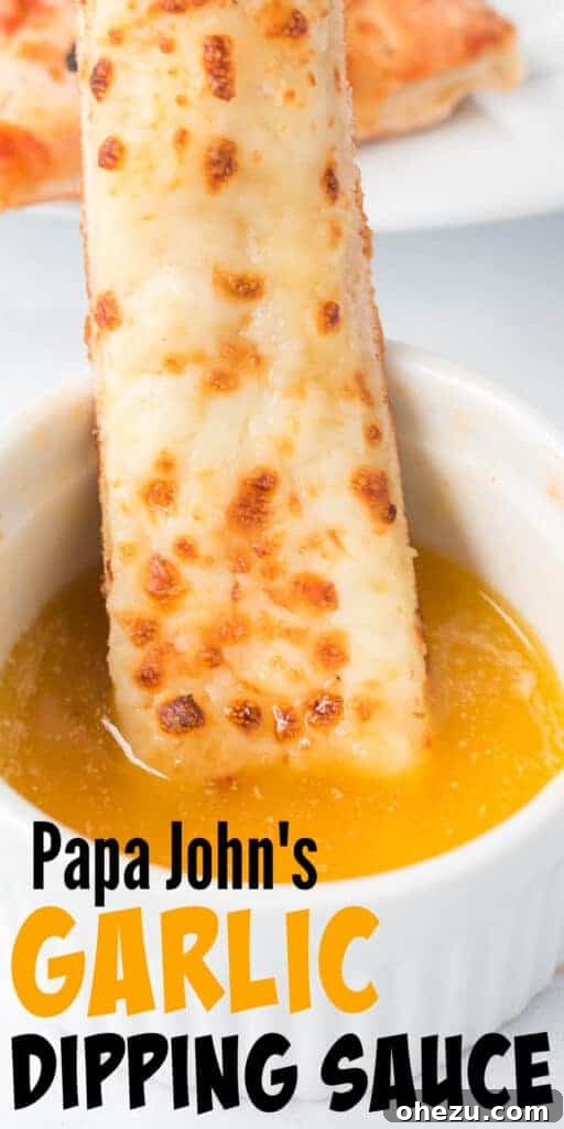 A vibrant graphic with text 'Papa John's Garlic Dipping Sauce' against a background of pizza slices.