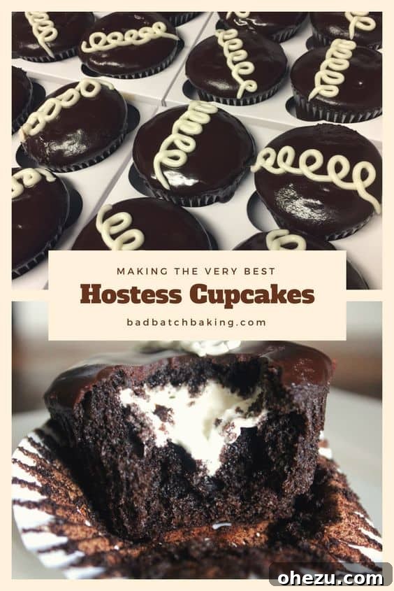 A close-up of the perfectly baked Hostess-style cupcake, showcasing its rich chocolate cake, creamy filling, and smooth ganache.